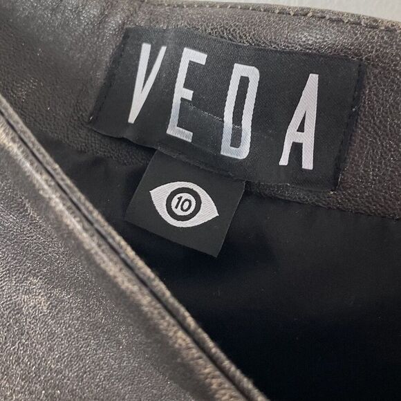 VEDA Leather Skirt Women 10 Brown Mini Distressed Side Zip Lined - Picture 10 of 11